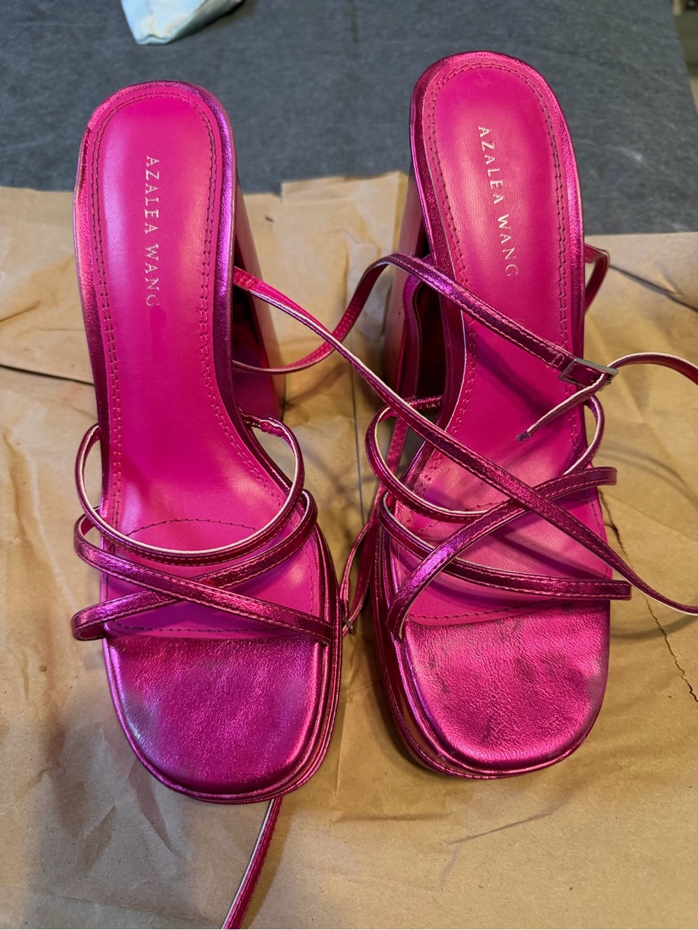 Azalea Wang Metallic Hot Pink Platform Strappy Heels with Wrap Ankle Ties - Picture 3 of 9